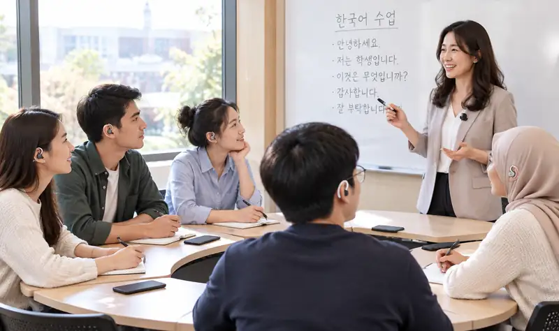 한국어 수업 — 유학생이 이어폰으로 들으며 교사를 봅니다