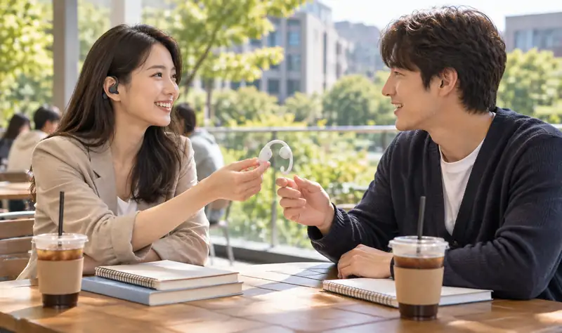 캠퍼스 카페 — 유학생이 이어폰 한쪽을 한국인 친구에게 건네는 장면